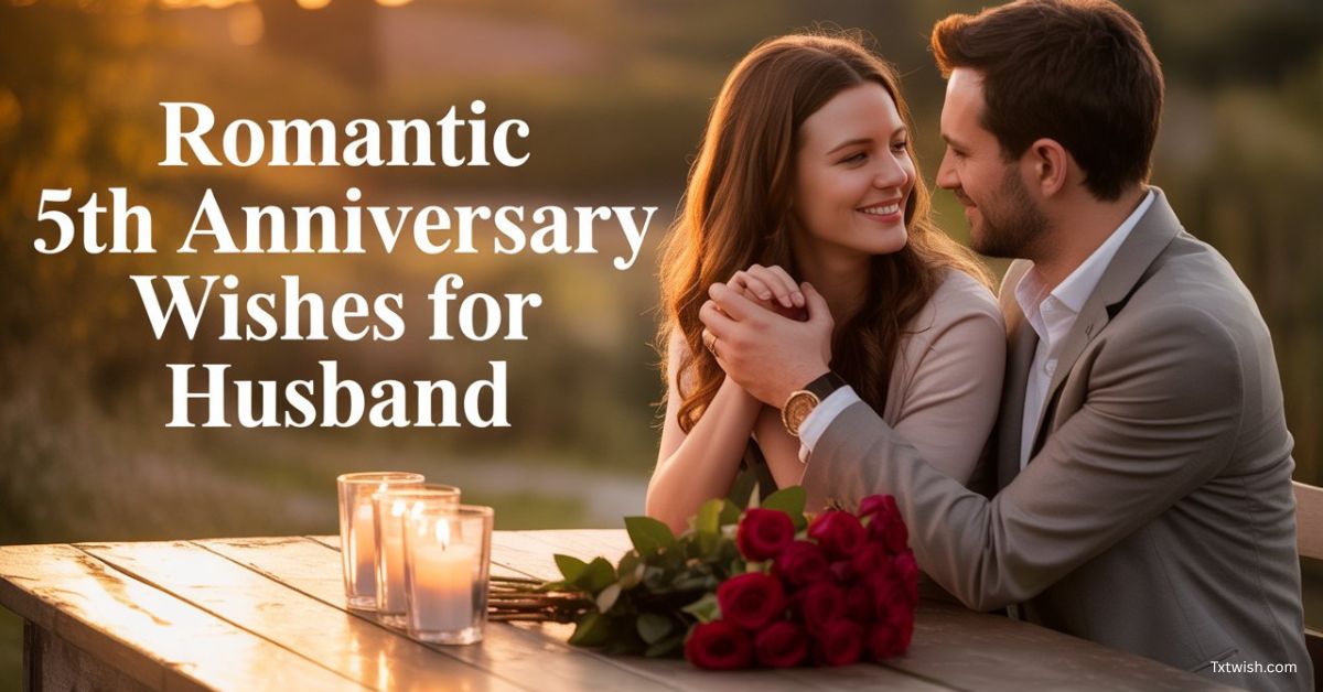 “Romantic couple celebrating 5th wedding anniversary with candles and roses – feature image for Romantic 5th Anniversary Wishes for Husband article.”