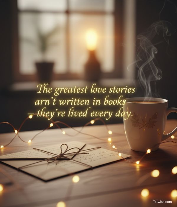 “Emotional anniversary quote about true love for husband – aesthetic wooden background with love letter and fairy lights.”