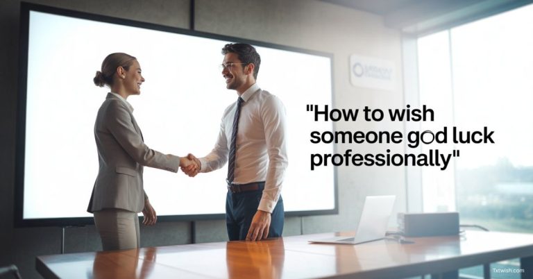 A professional woman in a business suit shaking hands with a colleague in a modern office, symbolizing professional good luck wishes before a meeting.