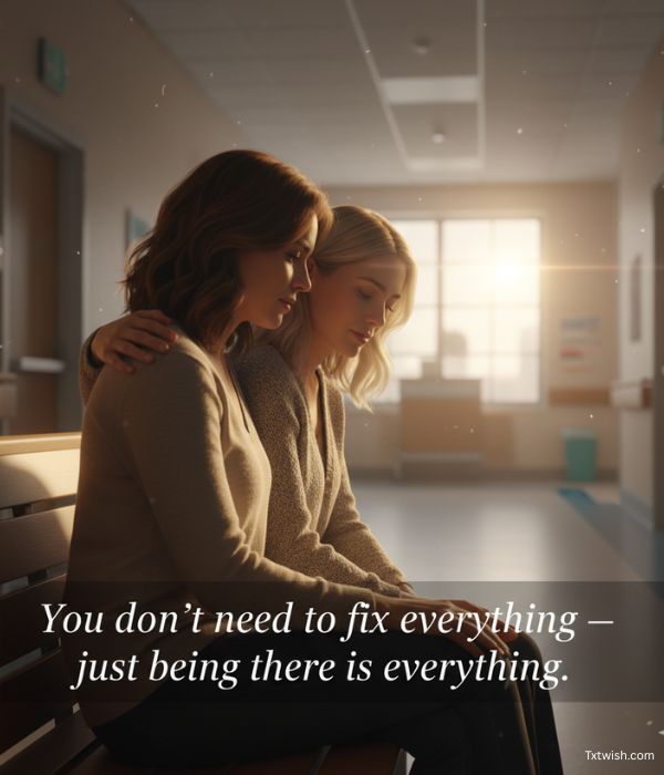 A friend offering comfort in a hospital hallway.