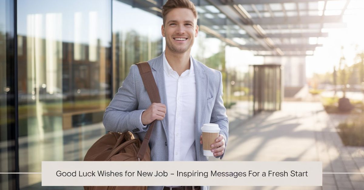 Smiling professional outside a modern office building with text “Good Luck Wishes for New Job – Inspiring Messages for a Fresh Start.”