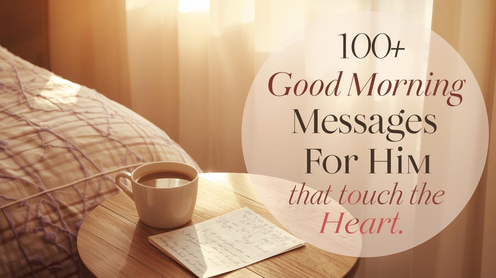 Romantic morning setup with coffee, sunlight, and a handwritten love note for him — warm and emotional atmosphere.