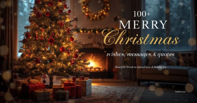 Warm cozy living room with glowing Christmas tree, fireplace, golden lights, and wrapped presents – text overlay reads “100+ Merry Christmas Wishes, Messages & Quotes – TxtWish.com”