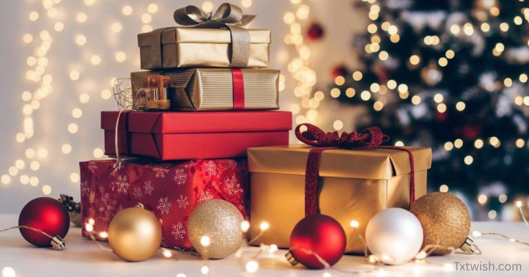 Aesthetic Christmas gift setup with red and gold wrapped presents, festive ornaments, holiday lights, and warm cozy background representing affordable Christmas gifts under $50 for 2025.