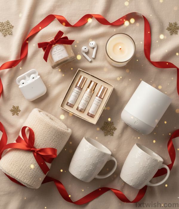 "A flatlay of affordable Christmas gifts under $50, including wireless earbuds, candles, skincare sets, a cozy blanket, a diffuser, and mugs, arranged on a soft beige background with red ribbons and golden sparkles."