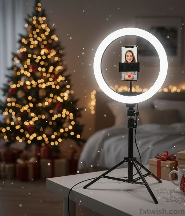 "An LED ring light with a phone holder, displaying a woman smiling on the phone screen. The ring light is on a white table in a cozy room with a blurred Christmas tree and fairy lights in the background, with snowflakes gently falling."