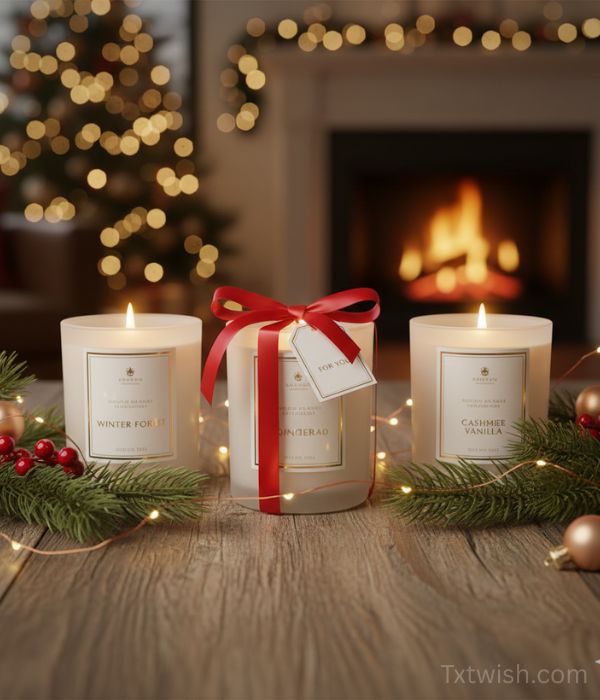 "A set of three premium scented candles arranged on a rustic wooden table with pine branches, golden ornaments, and fairy lights. One candle is tied with a red ribbon and a gift tag. In the background, a cozy living room with a lit fireplace and a blurred Christmas tree creates a warm, festive atmosphere."