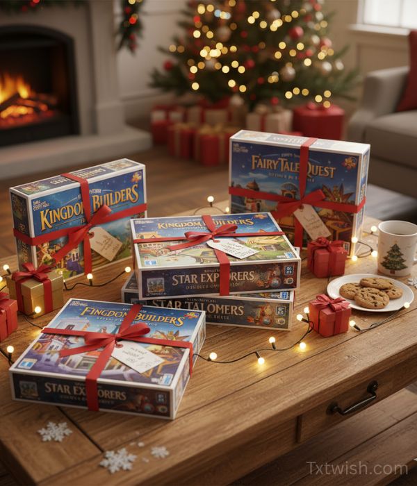 "Several family board games, wrapped with red ribbons and gift tags, are arranged on a wooden coffee table with fairy lights, small red gift boxes, and a plate of cookies and a Christmas mug. In the background, a cozy living room features a fireplace and a beautifully decorated Christmas tree, creating a festive scene."