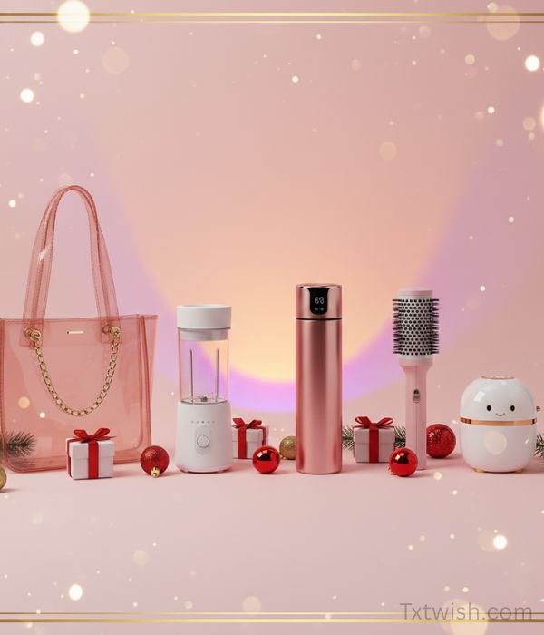 A flatlay display of popular TikTok-trending Christmas gifts under $50, arranged on a soft pink background with golden frame and bokeh lights. Items include a transparent pink jelly bag, a mini portable blender, a thermal bottle showing temperature, a hair dryer brush, and a smiling desk vacuum cleaner, along with small red gift boxes, red and golden ornaments, and pine sprigs."