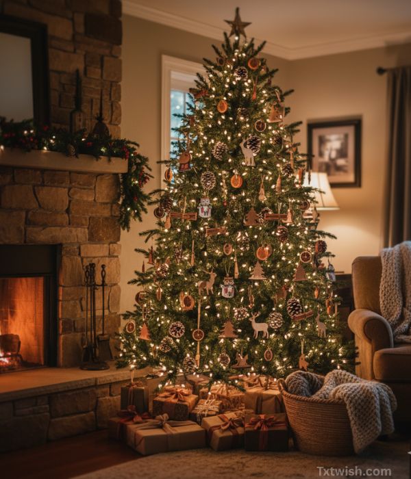 American living room with a real Christmas tree,