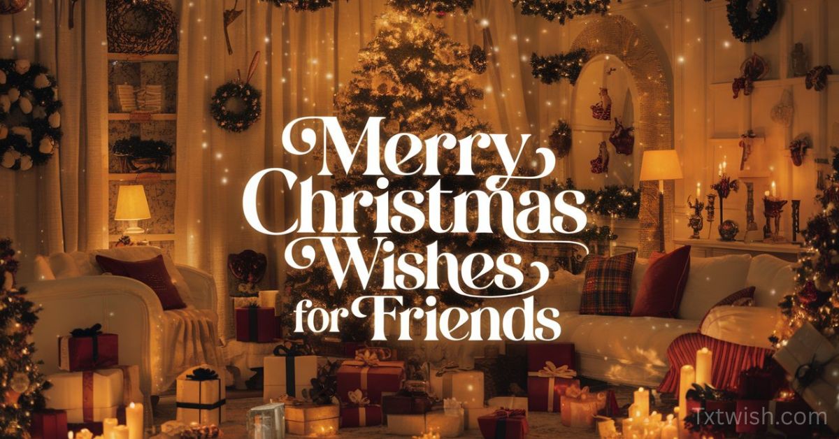 Cozy Christmas living room with glowing tree, candles, gifts, and text ‘Merry Christmas Wishes for Friends’ in elegant holiday font.