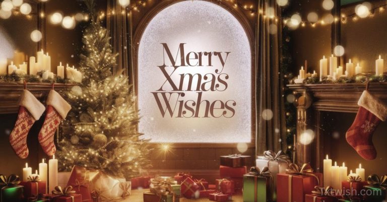 A cozy Christmas living room with a glowing Christmas tree, candles, stockings, wrapped gifts, and “Merry Xmas Wishes” written on a frosted window.