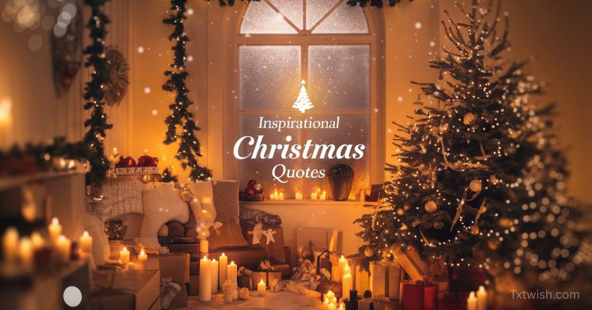 A warm and cozy Christmas living room decorated with candles, fairy lights, a glowing Christmas tree, garlands, and a frosted window with soft snowfall, featuring the text ‘Inspirational Christmas Quotes’.