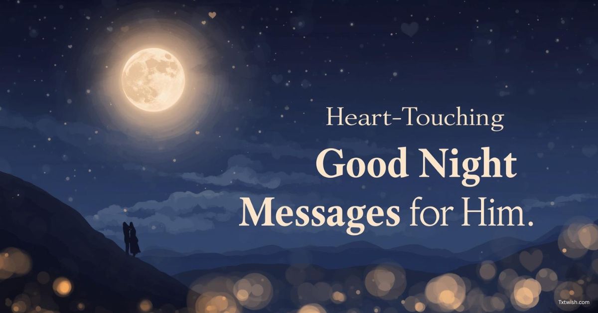 Romantic night sky with a glowing full moon and a couple silhouette under the stars, featuring the text “Heart-Touching Good Night Messages for Him.”
