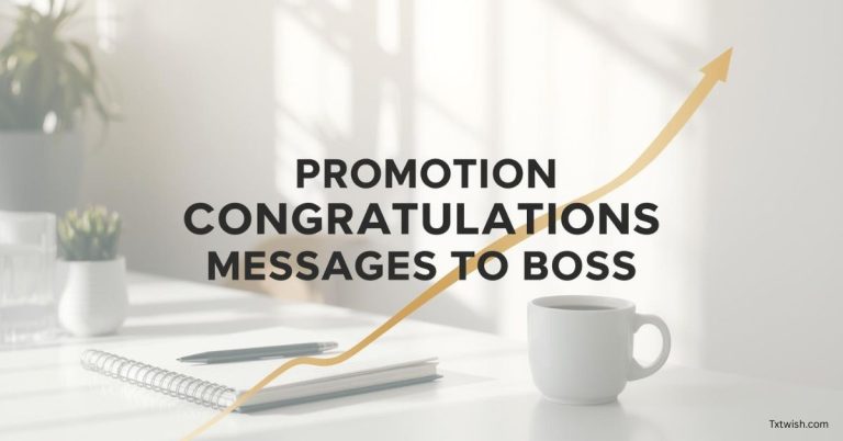 Modern office desk with notebook, coffee mug, plants, and a rising golden arrow symbolizing career growth with text: Promotion Congratulations Messages to Boss.