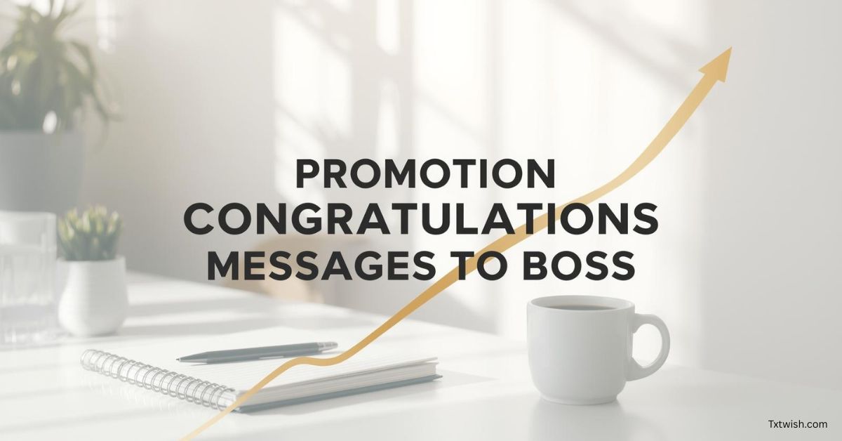 Modern office desk with notebook, coffee mug, plants, and a rising golden arrow symbolizing career growth with text: Promotion Congratulations Messages to Boss.