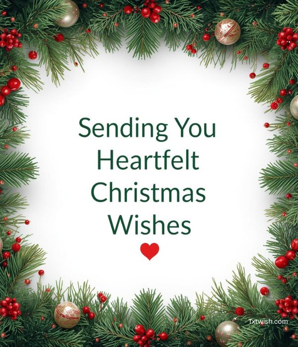 A clean white space with a vibrant border of realistic pine, red berries, and Christmas decorations, prominently featuring the text 'Sending You Heartfelt Christmas Wishes' for holiday cards.