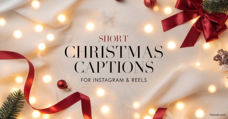 Simple Christmas-themed feature image with festive elements and the title “Short Christmas Captions for Instagram & Reels” in bold text.