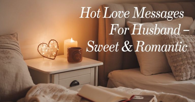 A warm, cozy room with soft romantic lighting, candle, and notebook on a table — feature image text says “Hot Love Messages for Husband – Sweet & Romantic.”