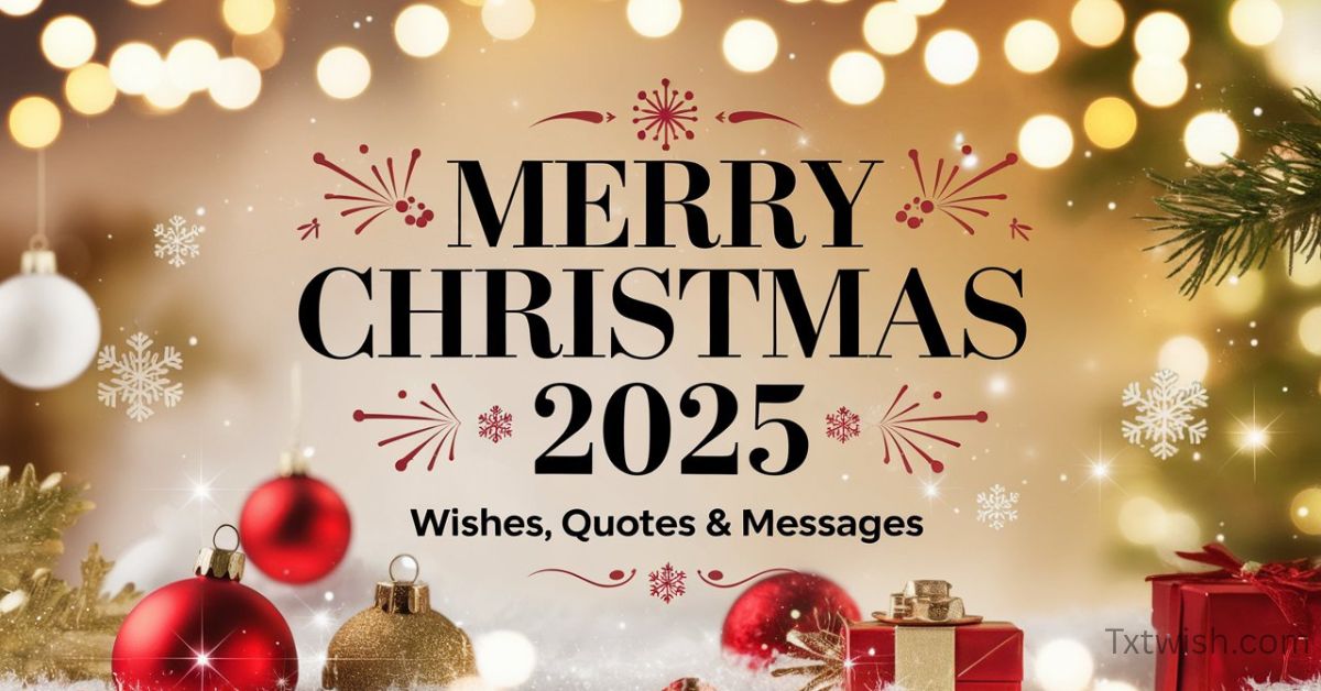 Merry Christmas 2025 Wishes, Quotes & Messages – Festive red and gold Christmas ornaments with glowing bokeh lights and snowflakes on elegant background