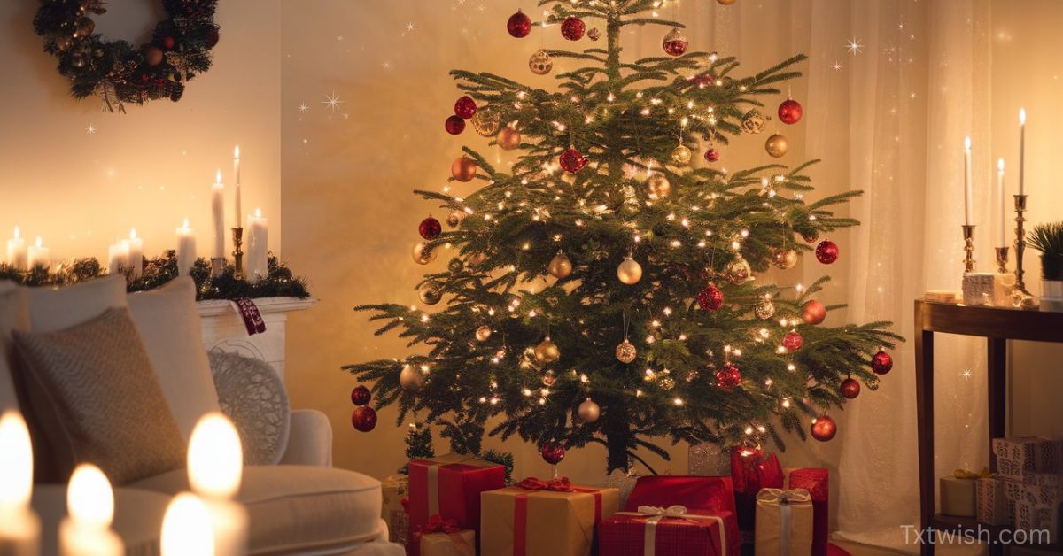 Cozy Christmas living room with glowing tree, warm golden lights, gifts, candles, and festive decorations — perfect family Christmas atmosphere.