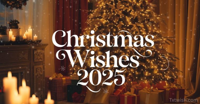 A warm and cozy Christmas scene with a glowing Christmas tree, golden gift box, red ornament, and text saying ‘Christmas Wishes 2025 – Heartfelt, Short & Meaningful Messages’.