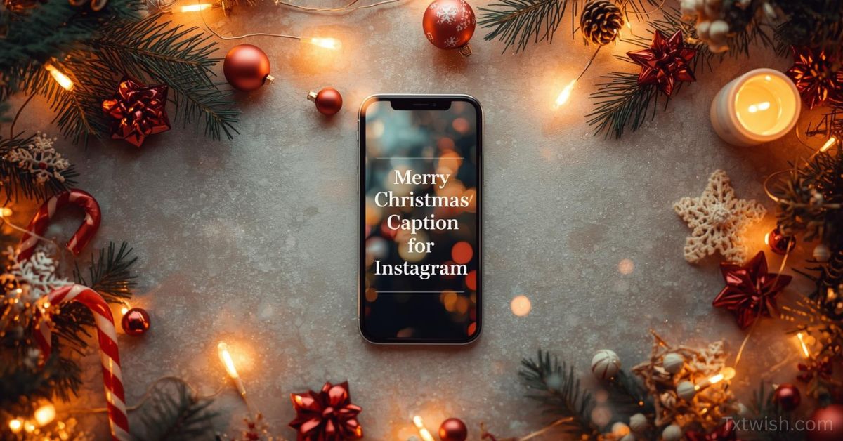 Flatlay of a smartphone showing ‘Merry Christmas Caption for Instagram,’ surrounded by Christmas ornaments, pine branches, fairy lights, candy canes, and a glowing candle on a cozy holiday background.
