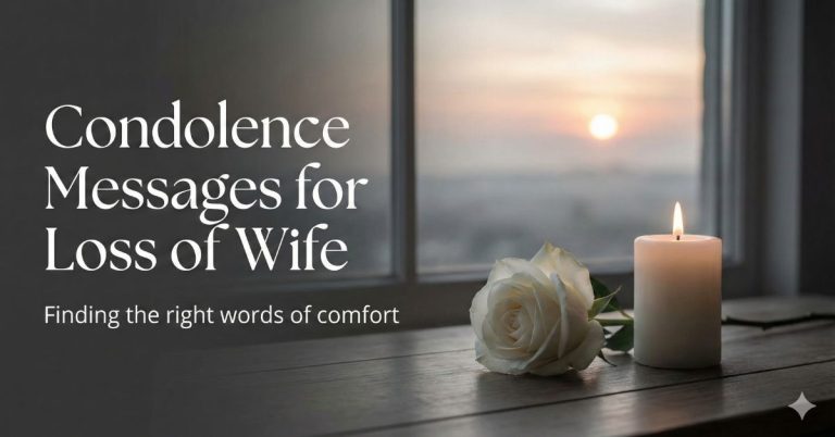Condolence messages for loss of wife with candle and white rose symbolizing sympathy, comfort, and remembrance