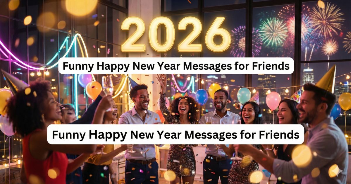 Group of friends celebrating New Year 2026 with balloons, confetti, and fireworks — feature image for “Funny Happy New Year Messages for Friends” article.