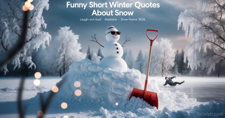 Funny winter scene with a snowman wearing sunglasses sitting on a snow pile, a red snow shovel in the snow, and a person slipping on icy ground in a snowy forest landscape.