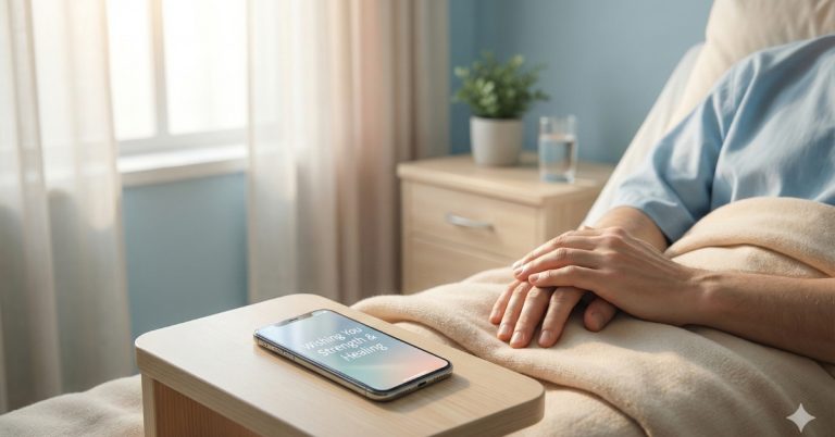 Heartfelt good luck wishes before surgery showing emotional support and comforting message in a calm hospital setting