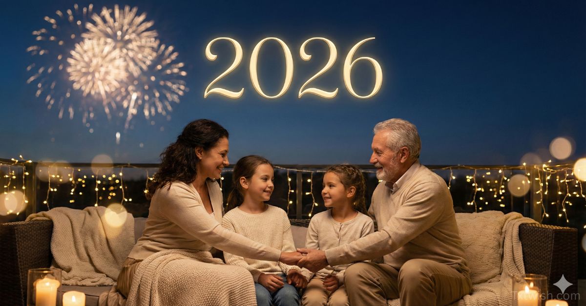 Happy family celebrating New Year 2026 together with warm lights, fireworks, and heartfelt moments of love and togetherness