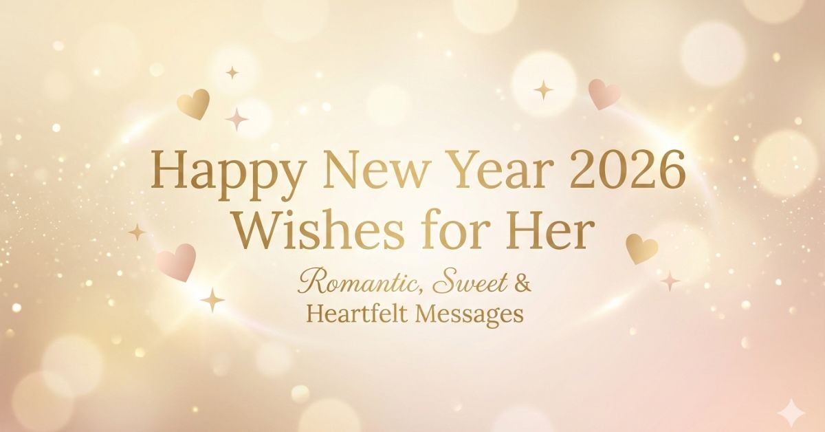 Romantic Happy New Year 2026 wishes for her image with soft golden glow, elegant typography, and heartfelt New Year messages for girlfriend or wife