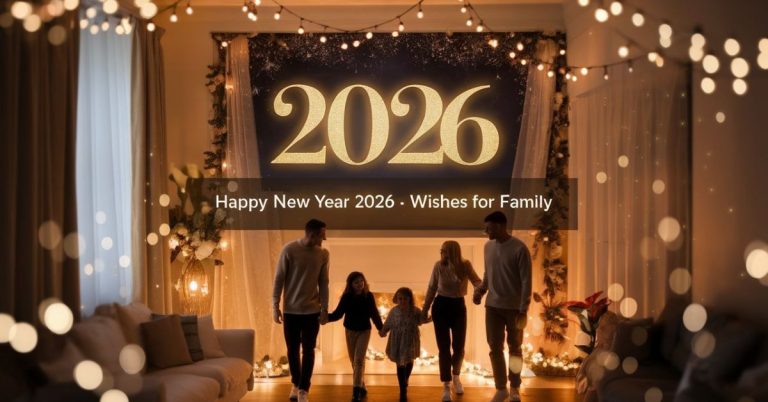 A cozy family celebrating New Year 2026 indoors, standing together under warm golden lights with a large glowing “2026” sign in the background, symbolizing love, unity, and festive New Year wishes for family.