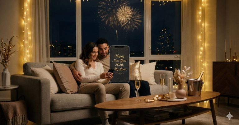 Romantic happy New Year 2026 wishes for loved ones shown on a digital card with a couple celebrating the New Year together