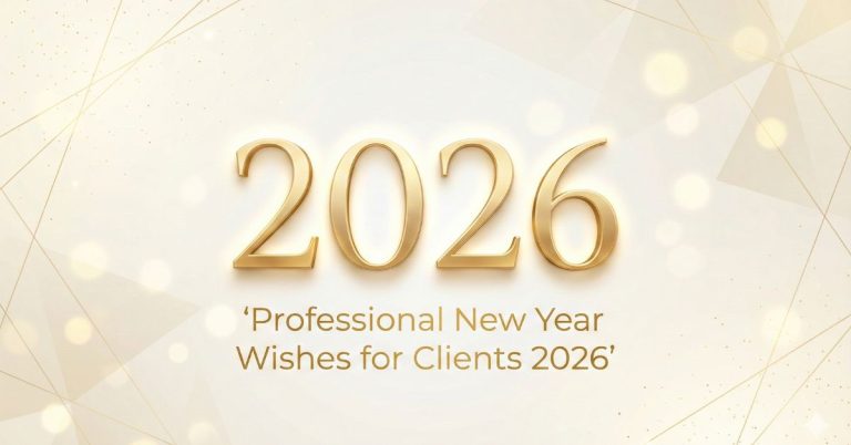 “Professional New Year 2026 banner with elegant golden 2026 typography on a clean white corporate background, featuring minimal sparkles and geometric accents — perfect for business and client greetings.”