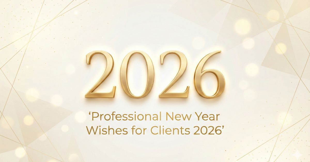 “Professional New Year 2026 banner with elegant golden 2026 typography on a clean white corporate background, featuring minimal sparkles and geometric accents — perfect for business and client greetings.”