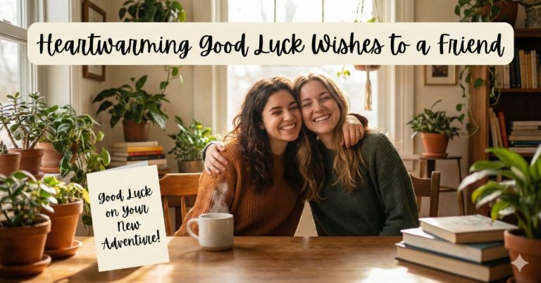 Two close friends smiling and hugging at home with a handwritten card saying “Good Luck on Your New Adventure,” representing heartwarming good luck wishes to a friend.