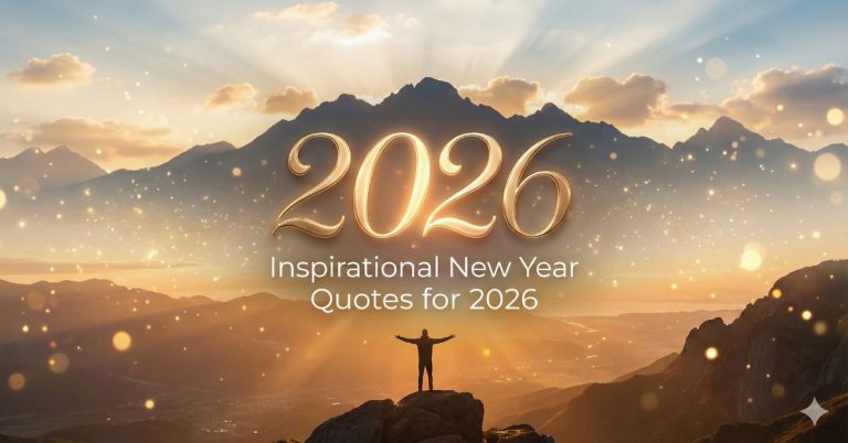 A person standing on a mountain peak with arms open beneath a glowing sunrise, surrounded by golden sparkles and large “2026” text, symbolizing inspirational New Year quotes and new beginnings for 2026.
