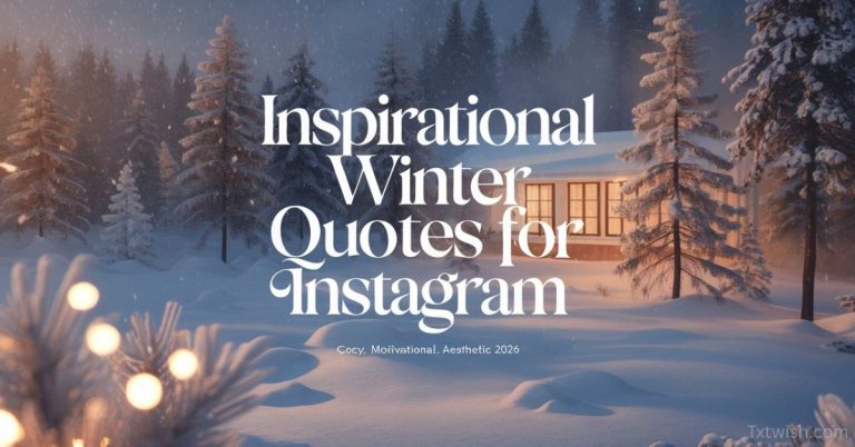 “Snowy winter landscape with glowing cabin and text saying Inspirational Winter Quotes for Instagram.”