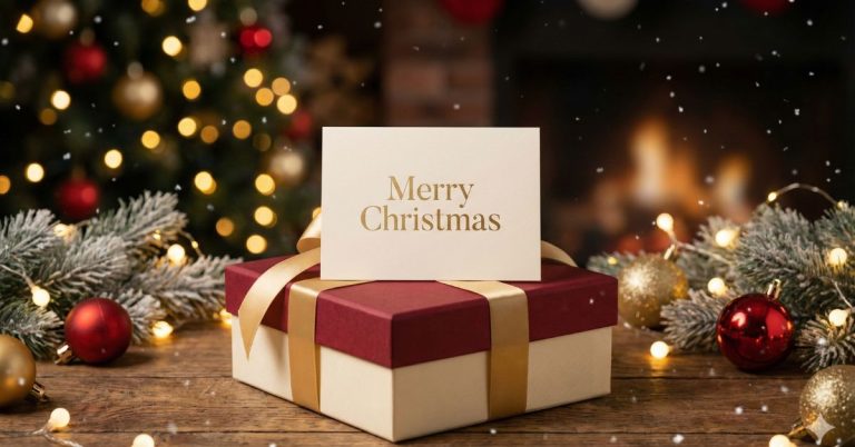 Best Merry Christmas quotes for cards displayed on a festive Christmas greeting card placed on a gift with holiday decorations