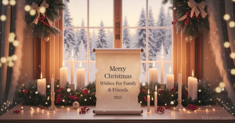 A cozy Christmas window scene with lit candles, snowy trees outside, and a scroll displaying the text “Merry Christmas Wishes for Family & Friends 2025,” decorated with garlands, berries, and warm holiday lights.
