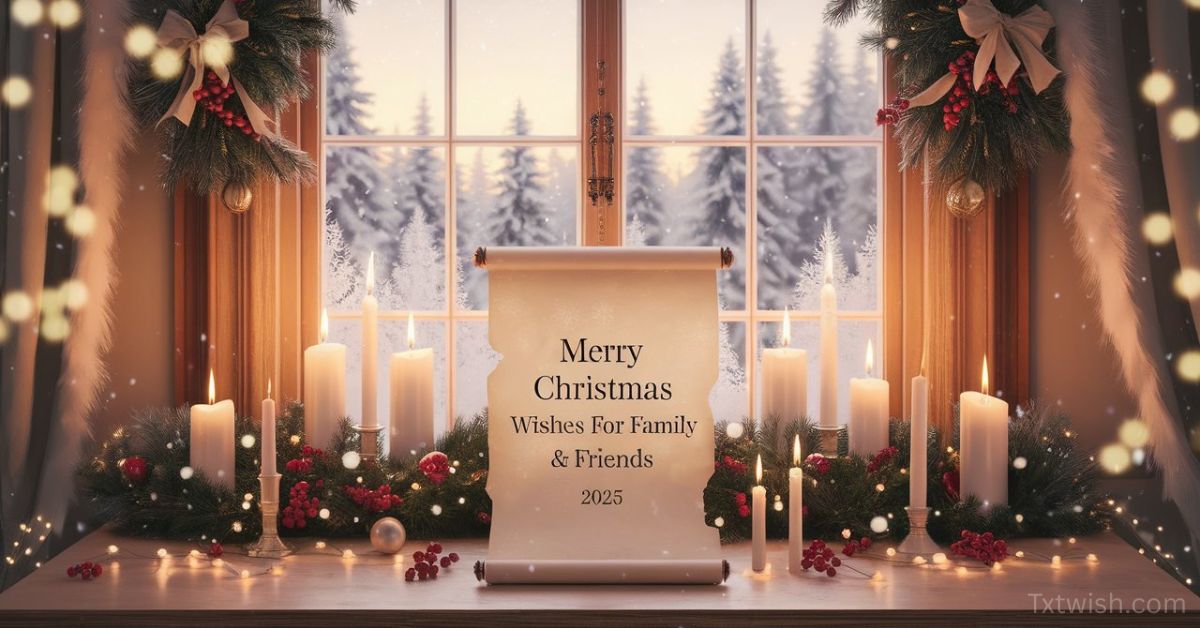 A cozy Christmas window scene with lit candles, snowy trees outside, and a scroll displaying the text “Merry Christmas Wishes for Family & Friends 2025,” decorated with garlands, berries, and warm holiday lights.