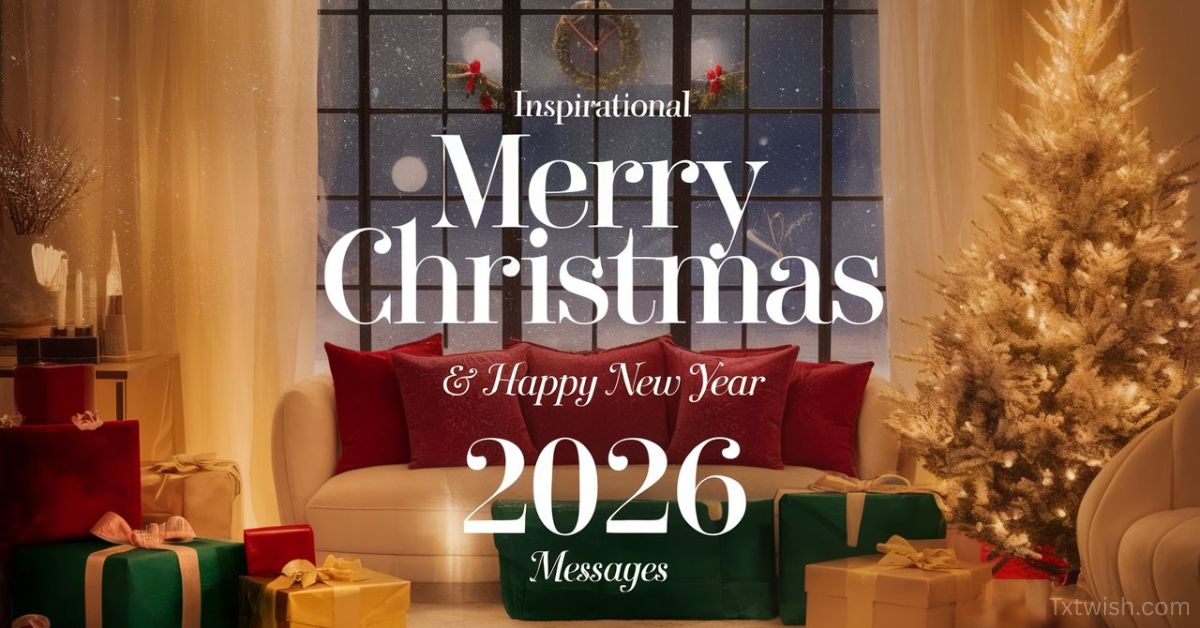 “Cozy Christmas living room with glowing Christmas tree, gifts, snowfall outside window, and text saying Inspirational Merry Christmas and Happy New Year 2026 Messages.”