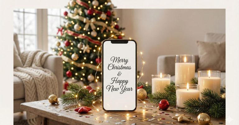 Merry Christmas and Happy New Year WhatsApp status displayed on a smartphone with festive holiday decorations