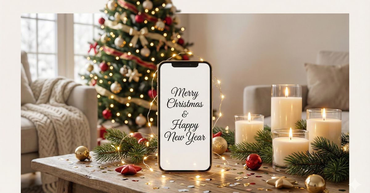 Merry Christmas and Happy New Year WhatsApp status displayed on a smartphone with festive holiday decorations
