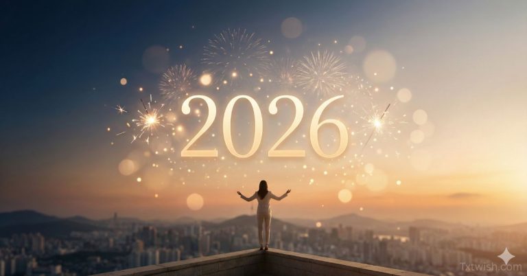 Inspirational New Year 2026 image showing a person standing with open arms at sunrise, glowing 2026 text, and fireworks symbolizing new beginnings, resolutions, and fresh goals.
