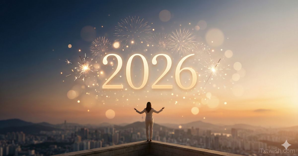 Inspirational New Year 2026 image showing a person standing with open arms at sunrise, glowing 2026 text, and fireworks symbolizing new beginnings, resolutions, and fresh goals.