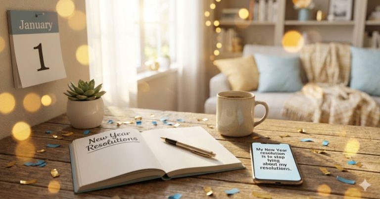 New Year resolution wishes and funny quotes displayed on a notebook and smartphone in a cozy modern home setting