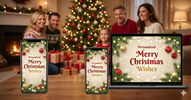 A warm and festive Christmas scene showing personalized Merry Christmas eCards displayed on a smartphone and laptop, with a happy family sitting near a decorated Christmas tree and wrapped gifts. This image represents modern digital Christmas greetings and personalized holiday wishes for loved ones in the USA.